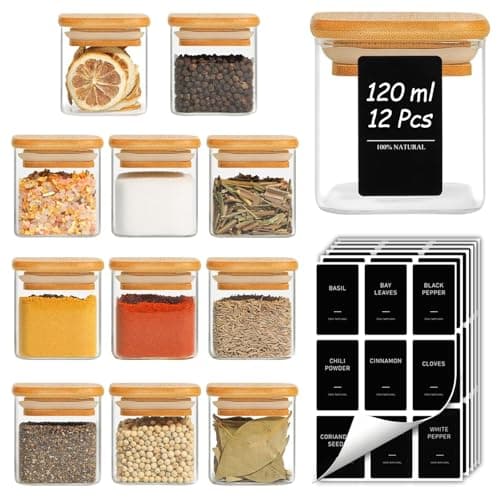 Image of ComSaf 12 Pcs Glass Spice Jars with Bamboo Lids, 120ml Square Glass Storage Jars with Black Lables, Airtight Seasoning Jars with Lids, Small Container for Spice, Salt, Sugar, Seeds, Nuts etc