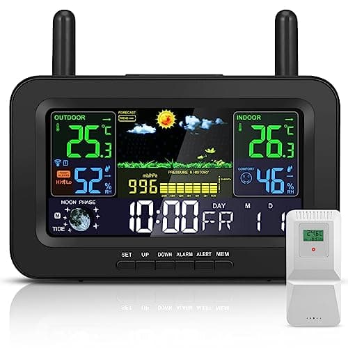 Image of zerotop Weather Stations Wireless Indoor Outdoor with Calendar/Temperature/Humidity/Barometric/Forecast/Moon Phase/Alarm Clock, LCD Digital Weather Station with Outdoor Sensor for Home Office, Black