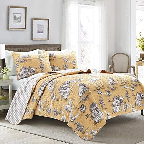 Image of Lush Decor French Country Toile Cotton Reversible 3 Piece Quilt Set, Yellow/Gray, King