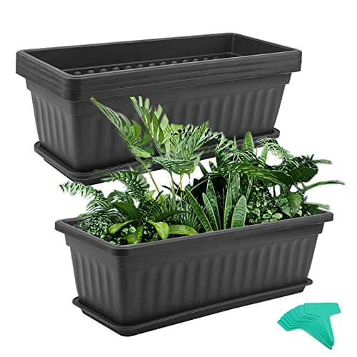 Image of MUKCHAP 4 PCS 43cm/17 Inch Black Plastic Window Box Planter, Rectangular Window Flower Plant Box with Trays and Plant Labels, Rectangular Windowsill Planter for Vegetables