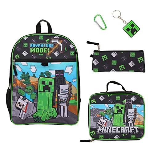 Image of Bioworld Minecraft 5 Piece Set: 16 inch Backpack, Lunchbox, Utility Case, Rubber Keychain, and Carabiner, Multicolored, 1 Size, Modern