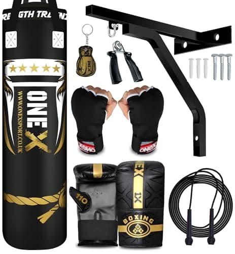 Image of ONEX Heavy Filled 12 Piece Boxing Punch Bag Set Gloves Wall Bracket MMA Pad Punching Kick Bag 3ft 4ft 5ft (4ft, Wall Bracket)