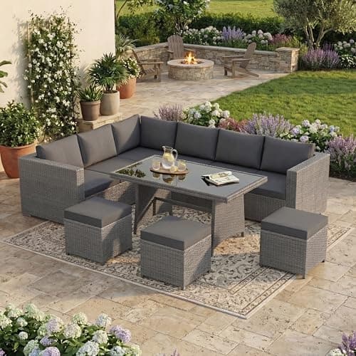 Image of Garden Vida Belgrave 9 Seater Rattan Set | Grey | Complete Outdoor Garden Dining Table Set | Steel Frame & PE Wicker | UKFR Certified | Weather Resistant, Tempered Glass, and with Cushions