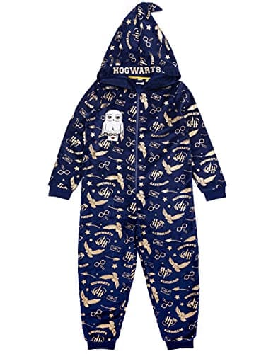 Image of Harry Potter Onesie For Girls & Boys | Kids Hedwig All In One Pyjamas | Gold Navy Jumpsuit with Wizard Hat Hood | Magical Merchandise 5-6 Years