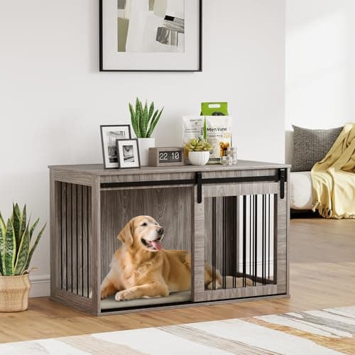 Image of PawHut Dog Crate Furniture, Heavy Duty Dog Cage with Barn Door for Extra Large Breeds, End Side Table Pet Kennel with Removable Cushion for Indoor Use, 118 x 60 x 73 cm, Walnut Brown