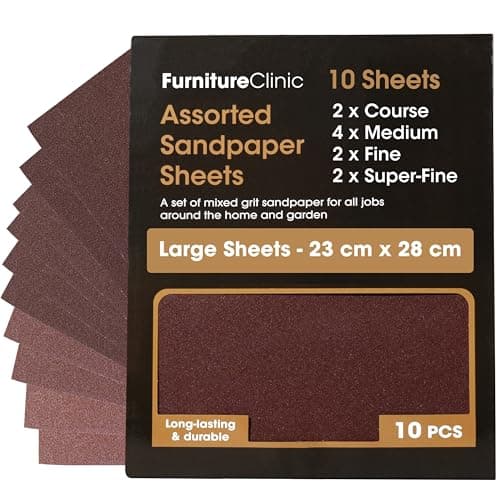 Image of Furniture Clinic Assorted Sandpaper | 10 Large Sheets For Walls, Metal, Wood & Furniture for Hand, Sanding Block or Sander Use | Coarse, Medium, Fine Sand Paper Pack (P40, P80, P120, P240)
