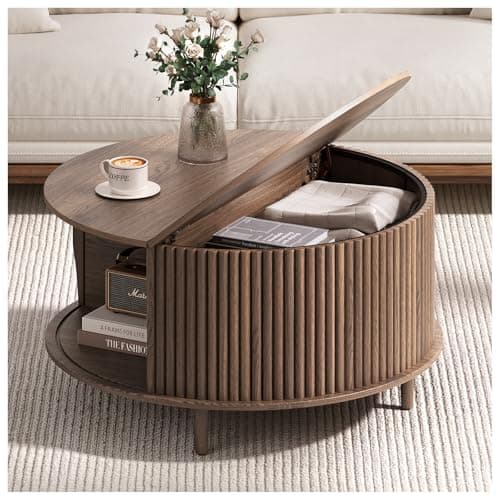 Image of JOINICE,Round Coffee Table with Storage, Walnut 31.5" Fluted Center Table for Living Room, Modern Walnut Wood Circle Drum Table with Sliding Cabinet Door,