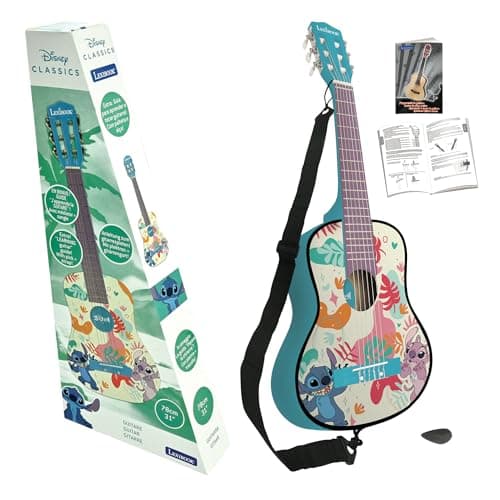 Image of Lexibook, Disney Stitch, My first wooden acoustic guitar, 6 nylon strings, 78 cm (30"), Learning guide, pick and strap included, Blue, K2000D