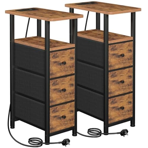 Image of LOAKEKEL Slim Bedside Table Set of 2 with Charging Station, Narrow Side Table with 3 Fabric Drawers, End Table with Open Storage Shelf, Nightstand for Small Spaces, Living Room, Brown UHETNDP03BR