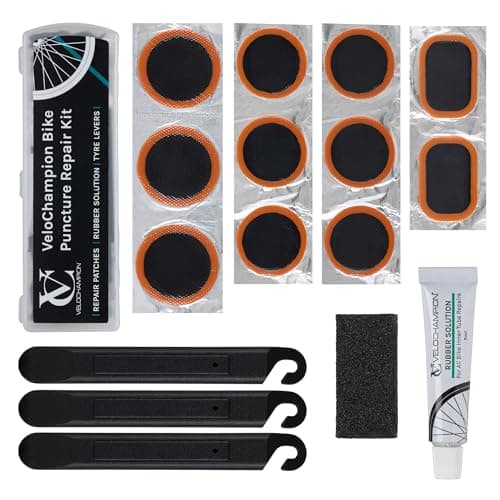 Image of VeloChampion Glue Bike Tyre Puncture Repair Kit with Vulcanising Rubber Solution and Storage Case for All Bicycles; Road, Mountain, Commuter Bikes. 11 Repair Patches. 3 Tyre Levers