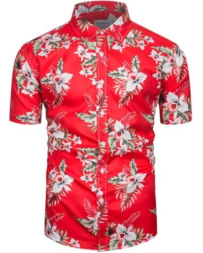 Image of fohemr Mens Funky Hawaiian Shirt Flower Print Short Sleeve Casual Tropical Button Down Summer Beach Shirt Red Large