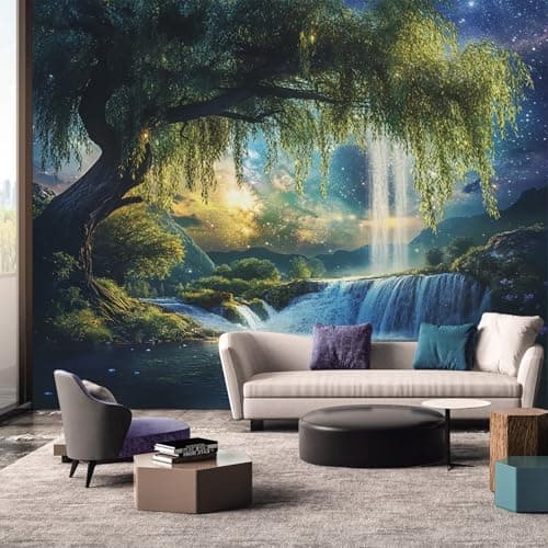 Image of Waterfall Wallpaper - Tree Starry Sky Night Landscape Wall Mural - Wall Murals for Living Room Bedroom - Photo Wallpaper & Home Decor Art - 315 x 215 cm A-3987