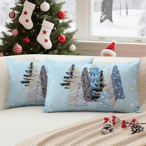 Image of Sungeek Christmas Cushion Covers 40x60 cm Set of 2, Snowflakes Christmas Tree Winter Holiday Xmas Decorative Blue Throw Pillow Covers Cases for Sofa Couch Bedroom Living Room