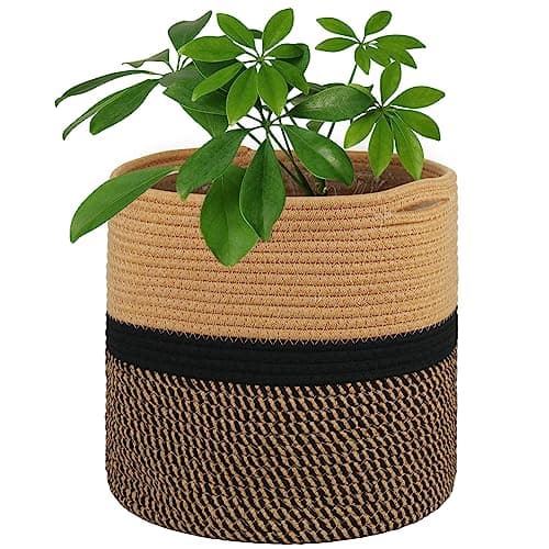 Image of tenn well 30cm Indoor Pot for Plants with Liner, Cotton Woven Storage Basket Large Plant Pots for Indoor Plants, Flower, Laundry Organiser and Home Decoration (Black and Brown)
