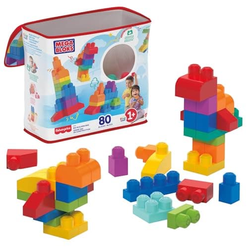 Image of MEGA BLOKS Fisher-Price Toddler Block Toys, Big Building Bag with 80 Pieces and Storage, Blue, Gift Ideas for Kids Age 1+ Years, DCH63