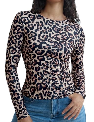 Image of ARCFEETORY Women's Soft Long Sleeve Shirts Crew Neck Tops Basic Tees Stretchy Going Out Crop Tops Y2K Slim Fit T-Shirts Deep Leopard L