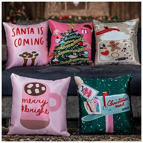 Image of Vendola Merry Christmas Decorative Printed Satin Cushion/Throw/Pillow Covers (Multicolour) Set of 5 Pieces (12X12 Inches, Mails)