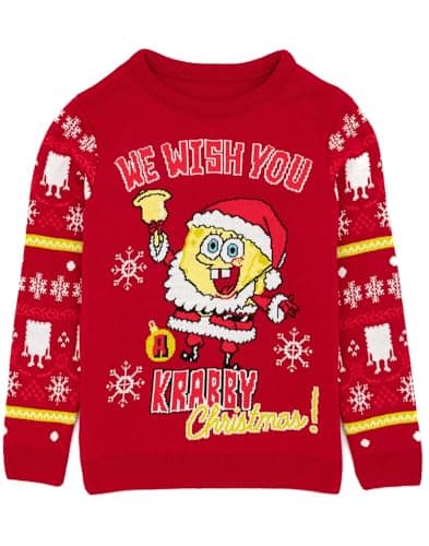 Image of SPONGEBOB SQUAREPANTS Christmas Jumper Kids | Boys Girls Spongebob Santa Krabby Xmas Festive Red Knitted Sweater | Gifts for Him Her 5-6 Years