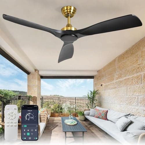 Image of Depuley Ceiling Fan Without Light: 52 Inch Outdoor Fan with Remote App Control for Patio Porch - Black Gold Ceiling Fan no Light for Indoor - 3 Blade Fan Reversible 6 Speed Quiet