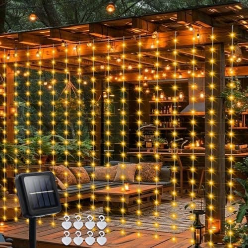 Image of DBFAIRY Solar Curtain Lights 2.4M x 1.8M 144 LED Curtain Lights Outdoor Waterproof with Timer 8 Modes for Garden Patio Fence Gazebo Decor (Warm White)