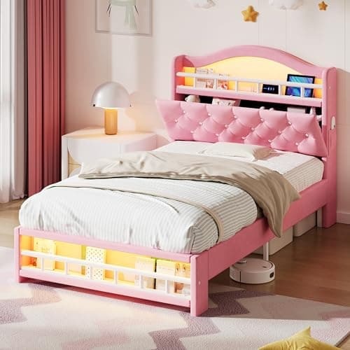 Image of BTM 3ft Girls Single Bed with Diamond Tufted Headboard, Velvet Upholstered LED Bed Frame with Storage, Pink (No Mattress)