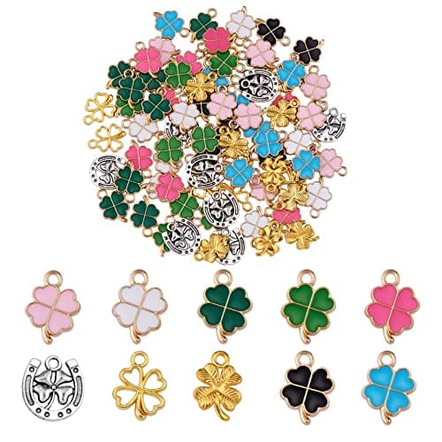 Image of COGCHARGER 100 Pieces Lucky Four-Leaf Clover Charm Pendant Shamrock Enamel Charm Colorful Clover Enamel Pendant for Jewellery Necklace Bracelet Making