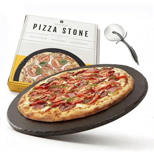 Image of Pizza Stone Set with Pizza Cutter, 38cm Cordierite Baking Stone for Oven, Grill – Includes Stainless Steel Pizza Wheel & Peel Board – Fast Heating, Easy Clean