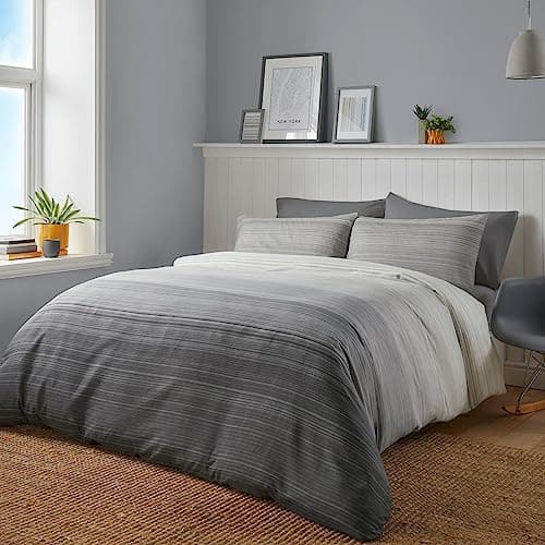Image of Fusion Contemporary Ombre Grey Duvet Cover Set Double 200 x 200cm – Reversible Grey Polycotton Bedding with Charcoal Stripe Design