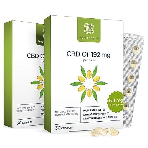 Image of Healthspan CBD Oil Capsules 384mg (60 Capsules) | 6.4mg Pure CBD Oil Capsules | 384mg CBD per Pack | Enriched with Vitamin D