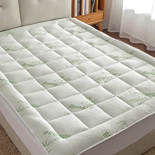 Image of Threads For Bed Super King Mattress Pad Topper with Soft Bamboo Cover, Cooling Skin-Friendly Mattress Protector with Deep Elastic Skirt Fit to Max.22", 300gsm Silky Soft Fiber Filled for Cushioning