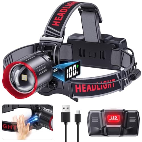 Image of ET Super Bright LED Head Torch Rechargeable, 100000 Lumens Headlamp with 6 Modes & Waterproof & 120° Adjustable ＆ Zoomable & Motion Sensor Lightweight Comfortable Headlight for Camping Fishing Hiking
