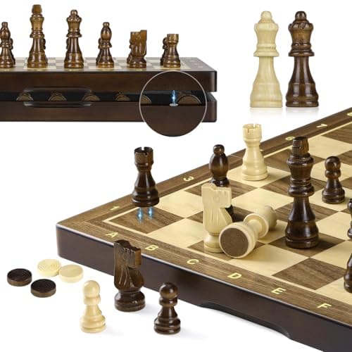 Image of Peradix Chess Set and Draughts Board Games 2 in 1 Set | 15" Magnetic Foldable Walnut Wooden Chess Checkers Board | 2 Extral Queen | Educational Toy Set for Adults and Kids