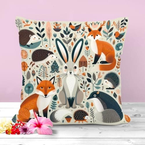 Image of The Beach Stop Decorative Woodland Animal Themed Accent Cushion Cover | Bunny Rabbit Fox Hedgehog Unique Home Decor Inspo | Gift Idea | 45x45cm 18x18” | Woodland Themed