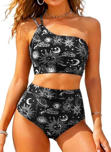 Image of Yonique Women's High Waisted Bikini - One Shoulder Two Piece Swimsuits 2026 Tummy Control Full Coverage Bathing Suits, Sun and Moon, XL