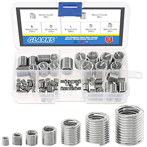 Image of Glarks 84Pcs 304 Stainless Steel Wire Thread Inserts Thread Repair Sleeve Kit, Metric M3 M4 M5 M6 M8 M10 M12 Steel Sheath Coiled Wire Helicoil Type Screw Repair Insert Assortment Kit