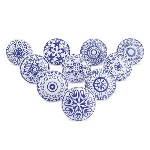 Image of Ajuny Ceramic Knobs Set of 10 Blue White Cupboard Door Knobs, Handmade Printed Drawer Pulls for Kitchen Cabinets, Wardrobes, Bathroom Dresser Furniture