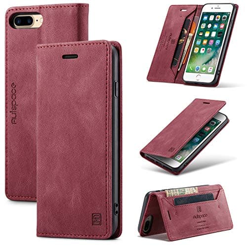 Image of TOHULLE for iPhone 6 Plus for iPhone 6S Plus for iPhone 7 Plus for iPhone 8 Plus Case, Vintage Wallet Case Card Holder Kickstand hidden Magnetic Flip Leather Case - Red