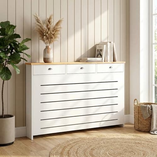 Image of DuraTherm® Radiator Cover Cream Painted MDF Cabinet Horizontal Slat Storage Drawers & Shelf, Radiator Cabinets for Office Hallway Living Room Bedroom, Large (H: 150cm / W: 96cm / D: 19cm)