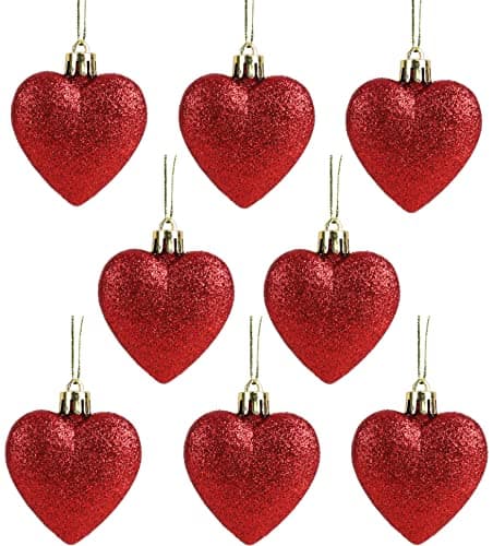 Image of Christmas Concepts® Pack of 8-60mm (2.4") Heart Shaped Christmas Tree Baubles – Glitter Decorated Baubles (Red)