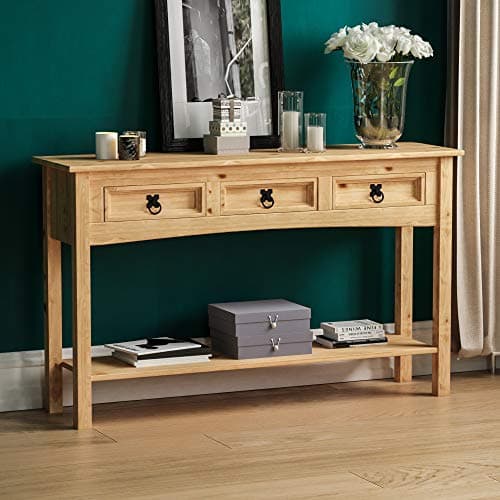 Image of Vida Designs Corona Console Table, 3 Drawers With Shelf, Solid Pine Wood