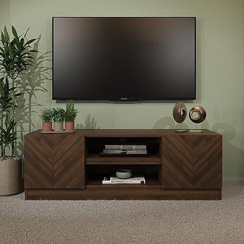 Image of GFW Catania 2 Door Elegant TV Display Shelves & Storage Cabinet, Entertainment Unit Media Stand Herringbone Inspired Wood-Grain Living Room Furniture, Royal Walnut Finish, D-39.8 x H-43 x W-130cm
