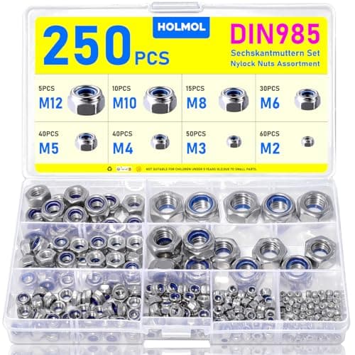 Image of 250PCS Nylock Nuts, HOLMOL DIN 985 Locking Nuts with Box, 8 Sizes Stainless Steel Self Locking Nut for Bolts, Hex Assortment Kit & Nyloc Hexagon Nut for Lock Washers, Bolts, Screws