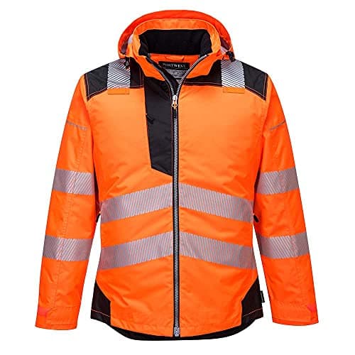 Image of Portwest PW3 T400 Mens Hi Vis Hooded Work Jacket Waterproof Lightweight Quilt Lined Thermal Winter Safety Coat 300D Oxford Reflective Tape for Construction Rail Utility, Orange/Black, XS