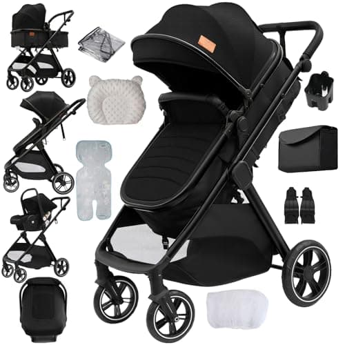 Image of Aveainelle 3 in 1 Baby Stroller, One-Click Folding Pushchair Pram, Travel System Reclining and Reversible, Infant Buggy with Complete Accessories, Front and Rear Wheel Dual Brake Mode (Black)