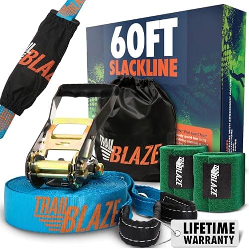 Image of Trailblaze Complete Slackline Kit for Kids with Tree Protectors and Ratchet Cover | Slackline Beginner Kit, Outdoor Tightrope, Easy Setup 18.5m blue