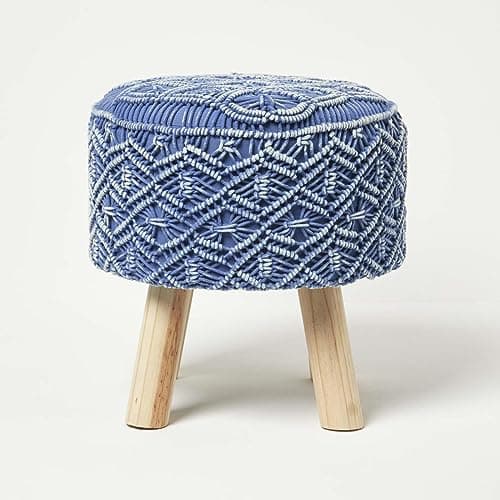 Image of HOMESCAPES Blue Macrame Knitted Pouffe On Legs Crochet Round Footstool 100% Cotton Braided Design 43 cm Tall