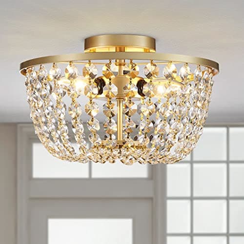 Image of WUZUPS Crystal Chandelier Flushmount Ceiling Light Modern Lighting Fixture for Bedroom Hallway Bar Kitchen Bathroom, H 21 x W 33, Gold, G9 Base
