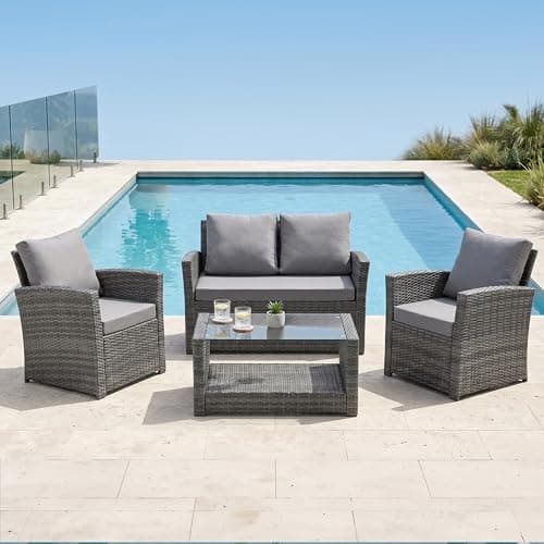 Image of EVRE 4 Seater Rattan Garden Conservatory Patio Furniture Sofa Armchair Roma Set with Glass Top Coffee Table Wicker Weave Sofa and Cushions (Grey)