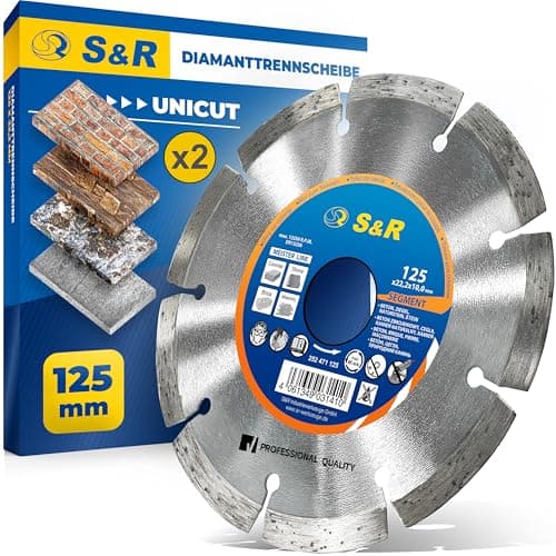 Image of S&R Professional Diamond Cutting Disc 125 x 22.23 mm UNICUT – 2-Piece Set for Angle Grinders | Concrete, Natural Stone, Brick, Masonry | Dry Cutting | Long Service Life