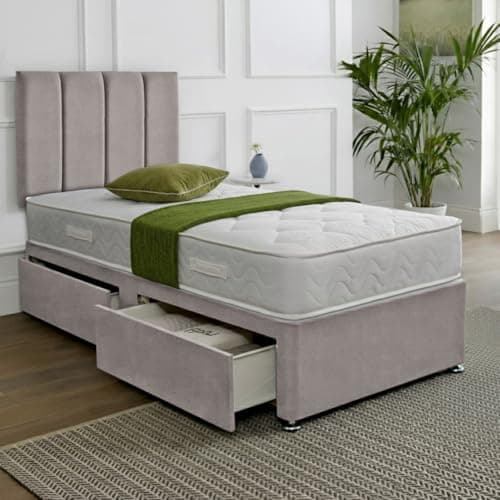 Image of SANA SLEEP Single Divan Bed with Orthopedic, Posture Support, Multi-Layer Pocket Sprung Mattress, Headboard & 2 Drawers – Plush Silver Fabric, 3FT UK Made, Bedroom, Guest & Kids’ Room, Space-saving